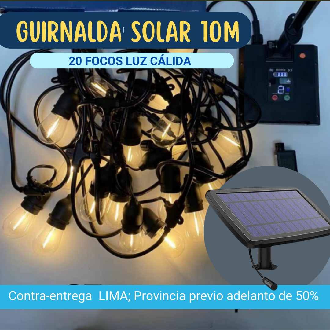 Guirnalda solar de 10m con 20 focos de luces cálidas