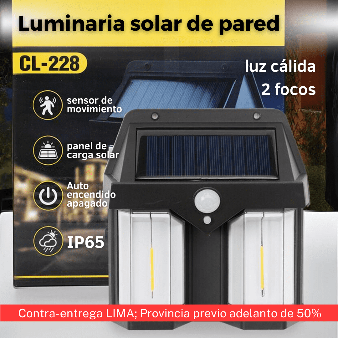 Luminaria solar de pared- 2 focos-luz cálida